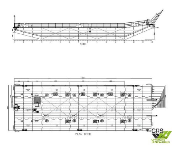 浅喫水作業台船(油回収タンク容量30m、10mポンツーン付き)