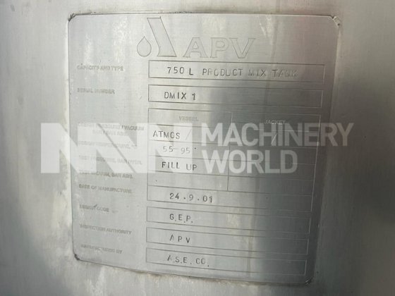 750 升 APV 不锈钢混合罐，配有 7.5