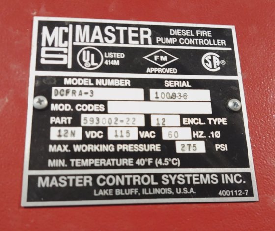 Master Control Systems Fire Pump Controller No. DCFFRA-3 120 VAC 275 ...
