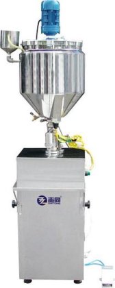 用于高粘度糊状液体奶油生产线的加热搅拌式半自动立式气动灌装机