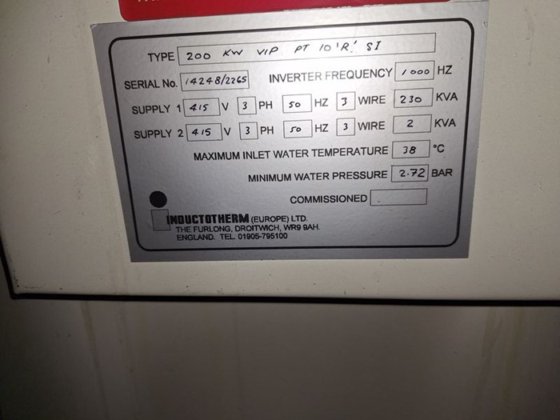 感应熔化炉 INDUCTOTHERM，250 千克