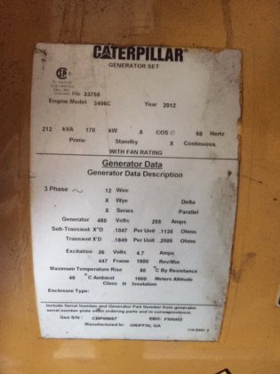 集装箱式卡特彼勒 170 千瓦、天然气、480 伏发电机组