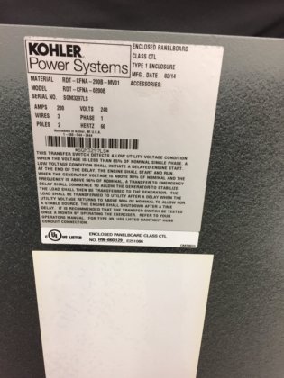 200 安培科勒自动转换开关，240 伏，CTL 级