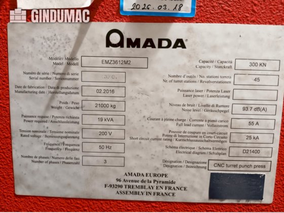2016 AMADA EMZ 3612 M2