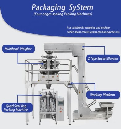 四边封咖啡豆袋包装，带脱气阀的四边封袋包装机