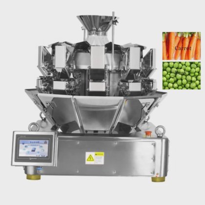 ニンジン、エンドウ豆、タマネギを計量する自動マルチヘッド計量器