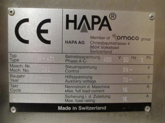 2002 HAPA 421 ラベルプリンターおよびバイアル・ラベリングシステム #3489