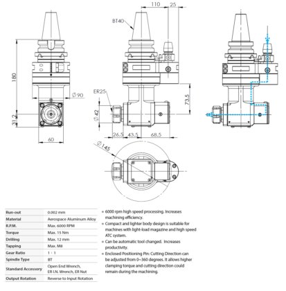 BT40 90° ANGLE HEAD ER25 COLLECT CHUCK FOR SPINDLE TAPER BT40 PIN 110mm