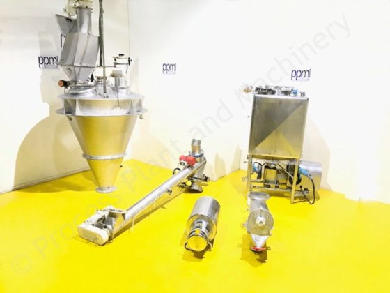 1,200升粉体V型混合机混合设备,带螺旋进料输送机、筛分器和液化器