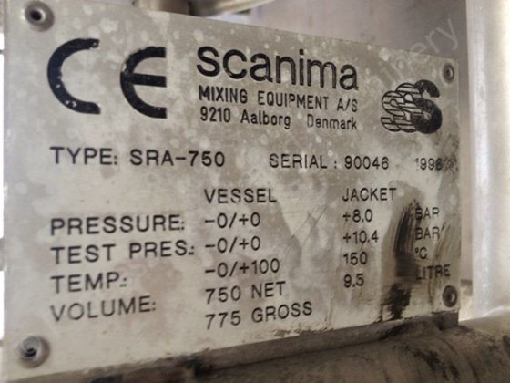 750升斯坎尼玛不锈钢夹套式水箱，带刮削表面混合器