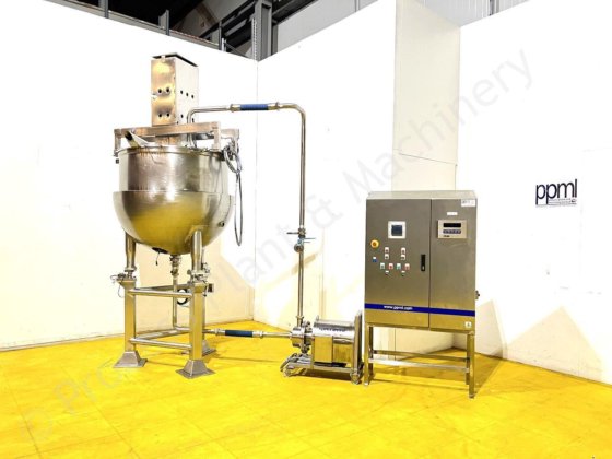 750 升夹套式刮削表面混合罐,配有 Silverson 直列式高剪切混合器