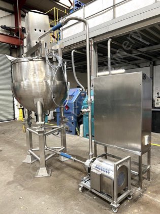 750 升夹套式刮削表面混合罐,配有 Silverson 直列式高剪切混合器