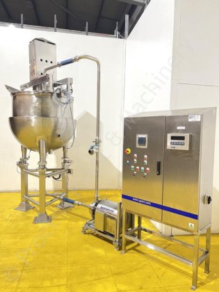 750 升夹套式刮削表面混合罐,配有 Silverson 直列式高剪切混合器