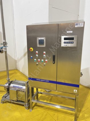 750 升夹套式刮削表面混合罐,配有 Silverson 直列式高剪切混合器