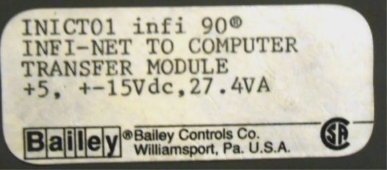 BAILEY CONTROLS, INFI-NET TO COMPUTER TRANSFER MODULE, INICT01, INFI 90 ...