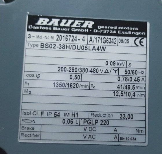 BAUER BS02-38H/DU05LA4W 2016724 齿轮马达 (BR5.4)